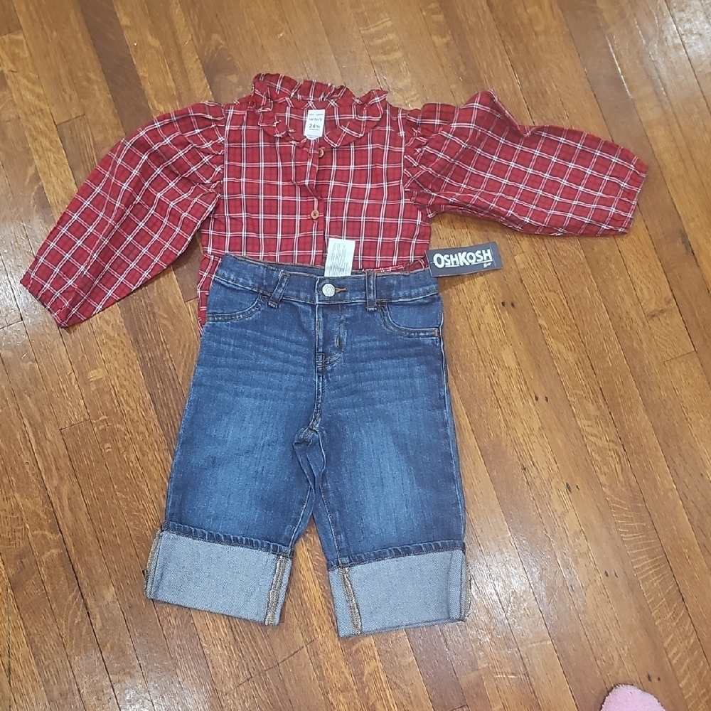 OshKosh Red Plaid Top with Dark Blue Jeans